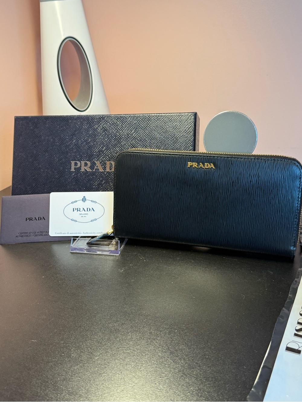 Prada Black Textured Leather Zip Wallet with Gold Logo